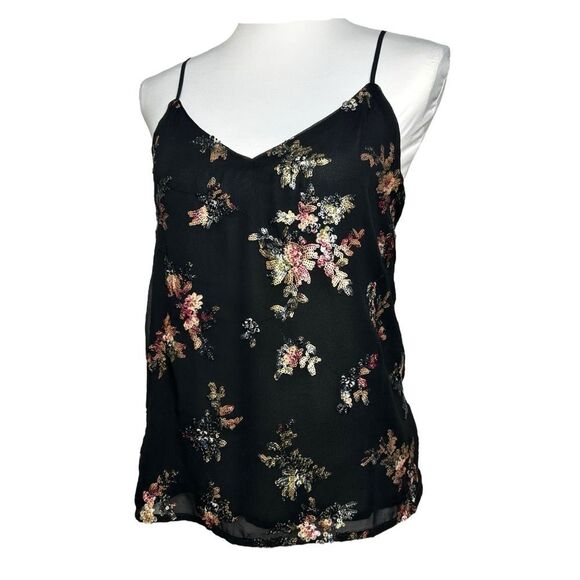 Banana Republic Whimsigoth Top M Black Sequin Floral Georgette Fairy Cami Tank - Picture 5 of 11